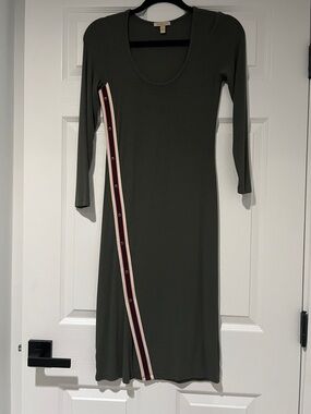 Olive Green Long Sleeve Midi Dress with Side Stripe